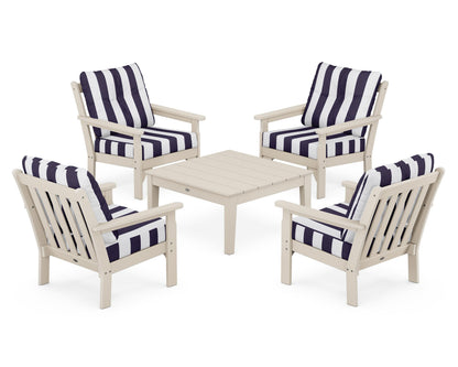 POLYWOOD® Vineyard 5-Piece Deep Seating Conversation Set in Sand / Cabana Stripe Navy