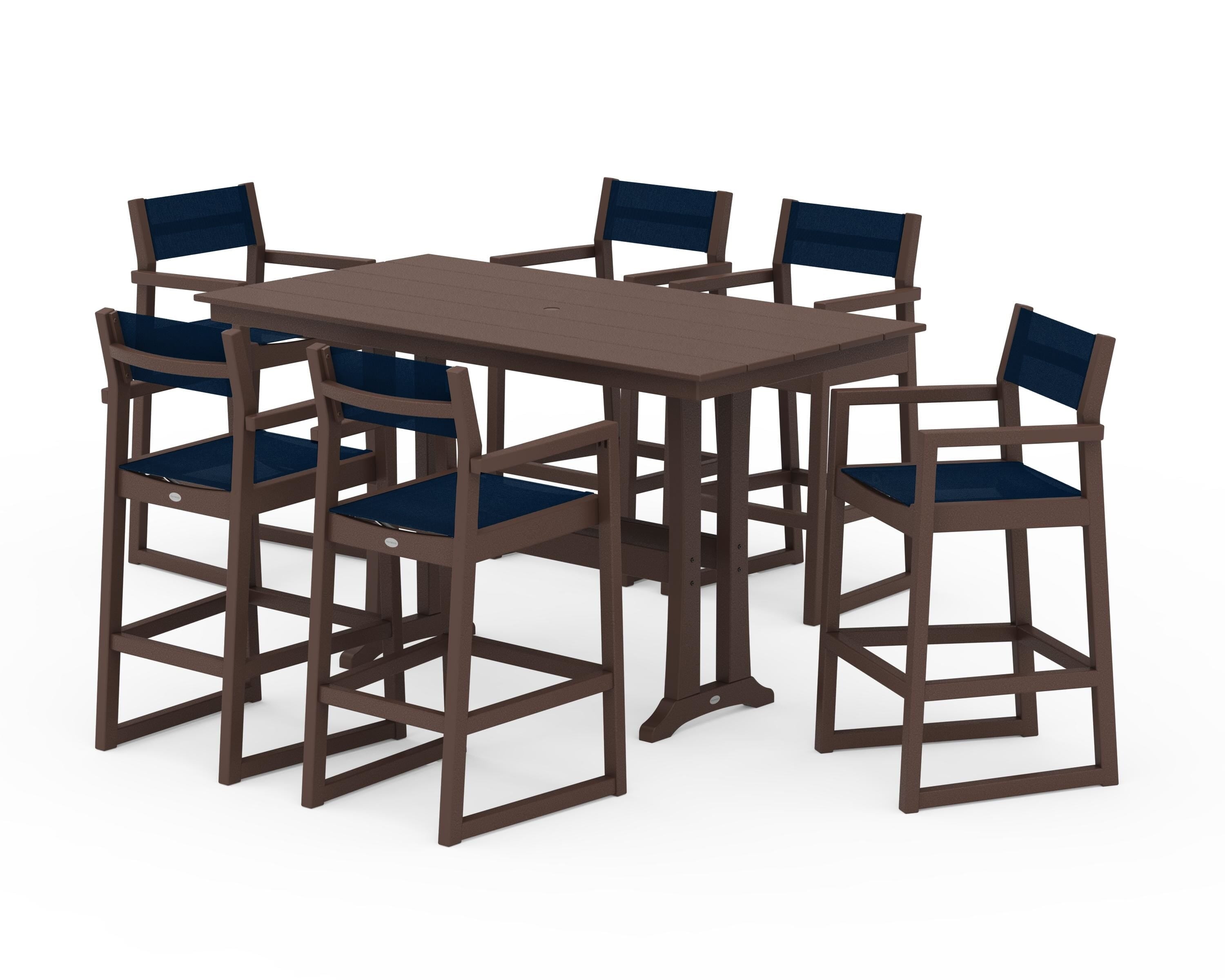 POLYWOOD® EDGE Sling Arm Chair 7-Piece Farmhouse Bar Set with Trestle Legs in Mahogany / Navy Blue Sling