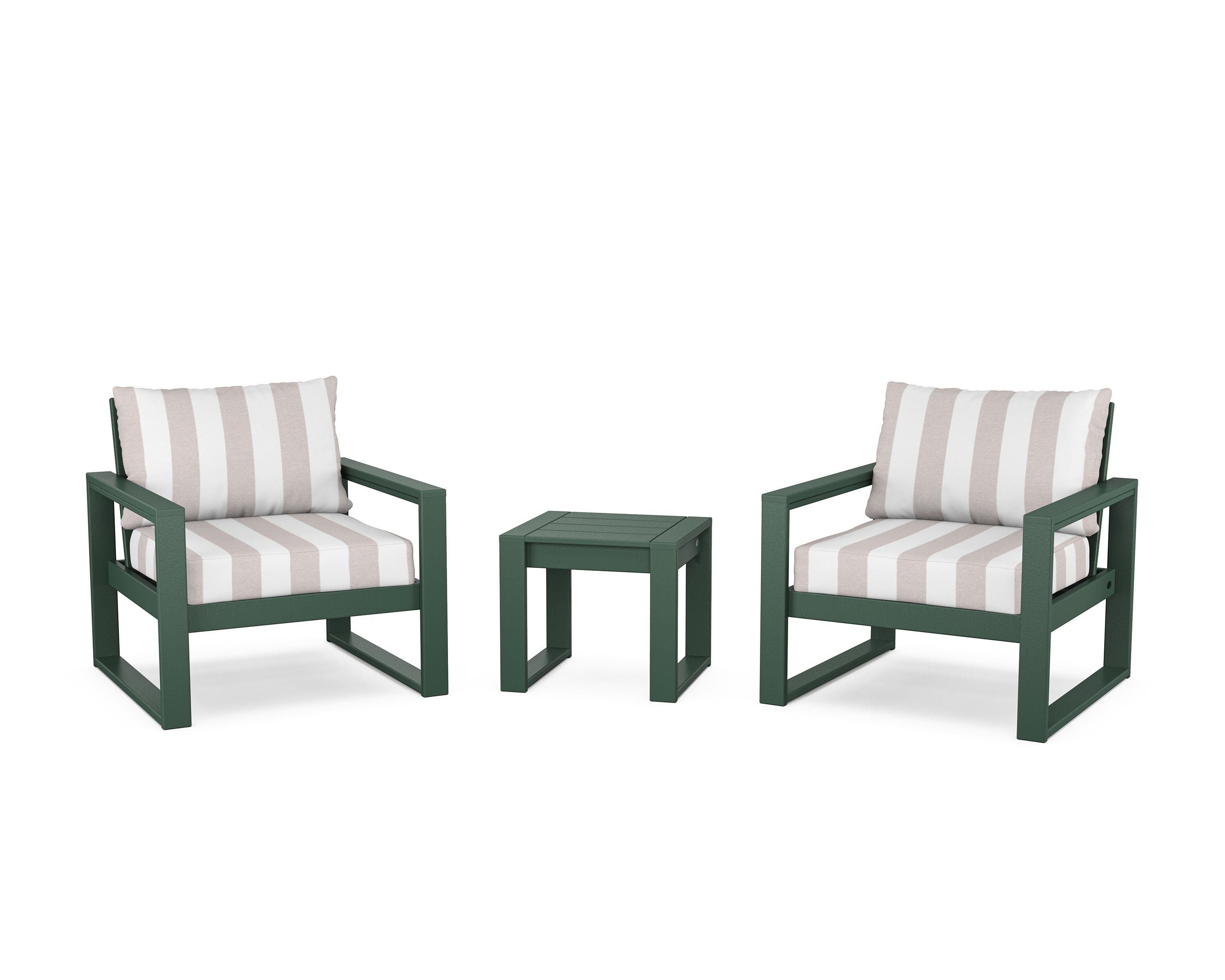 POLYWOOD® EDGE Sectional 3-Piece Deep Seating Set in Green / Cabana Stripe Dune Burlap