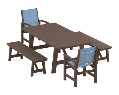 POLYWOOD® Coastal 5-Piece Rustic Farmhouse Dining Set With Benches in Mahogany / Poolside Sling