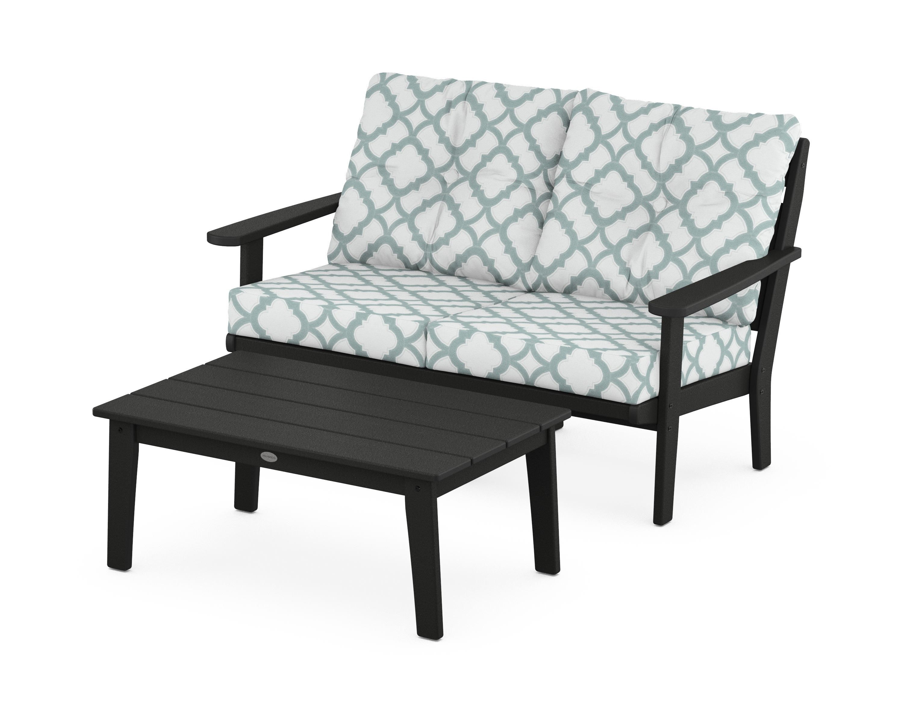POLYWOOD® Lakeside 2-Piece Lounge Loveseat Set in Black / Trellis Glacier Spa