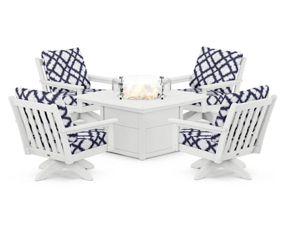 POLYWOOD® Vineyard 5-Piece Deep Seating Swivel Conversation Set with Fire Pit Table in White / Trellis Navy
