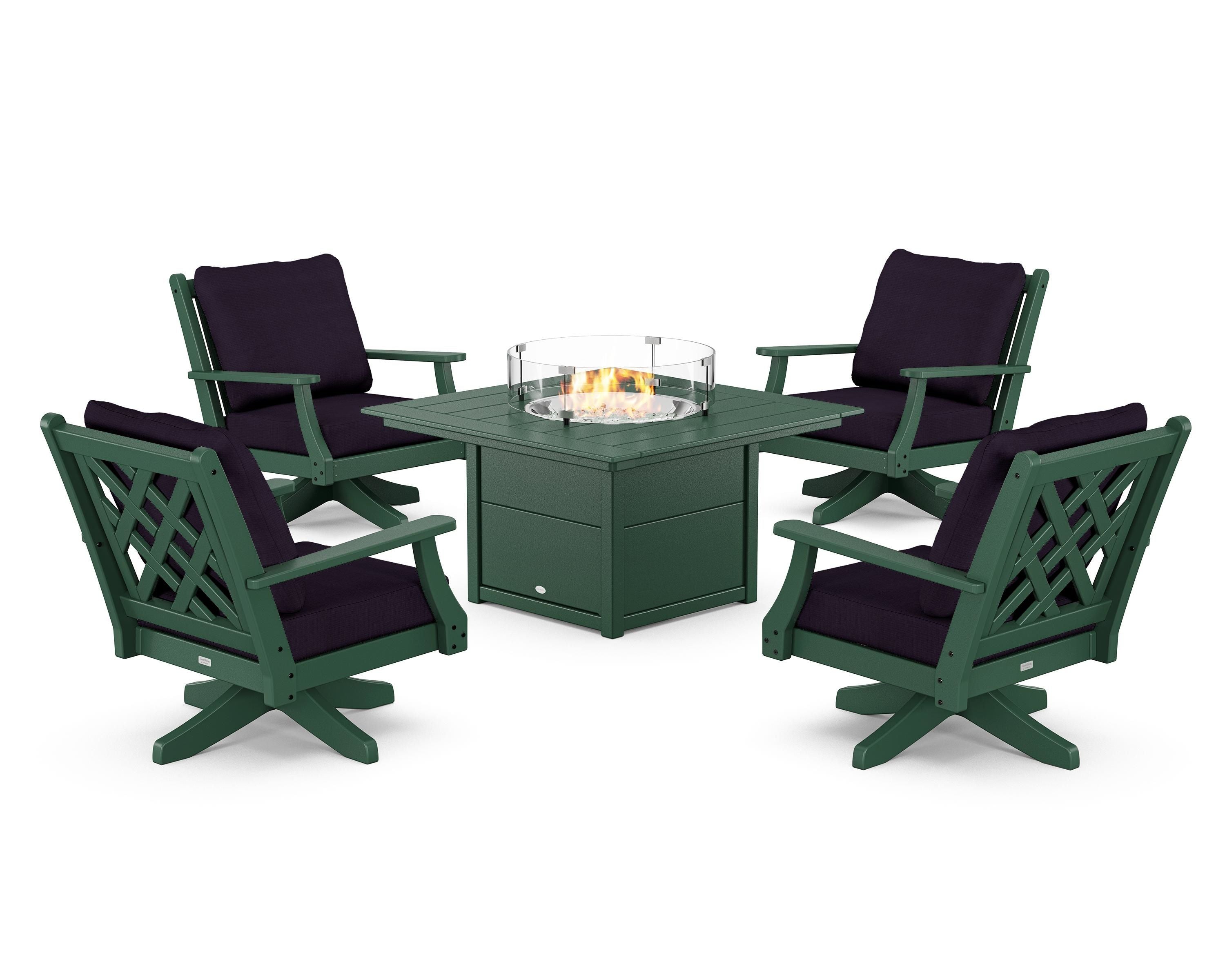 Country Living Wovendale 5-Piece Deep Seating Swivel Conversation Set with Fire Pit Table in Green / Navy Linen