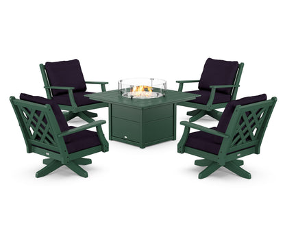 Country Living Wovendale 5-Piece Deep Seating Swivel Conversation Set with Fire Pit Table in Green / Navy Linen