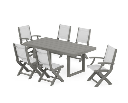 POLYWOOD® Coastal Folding Chair 7-Piece Dining Set with Trestle Legs in Slate Grey / White Sling