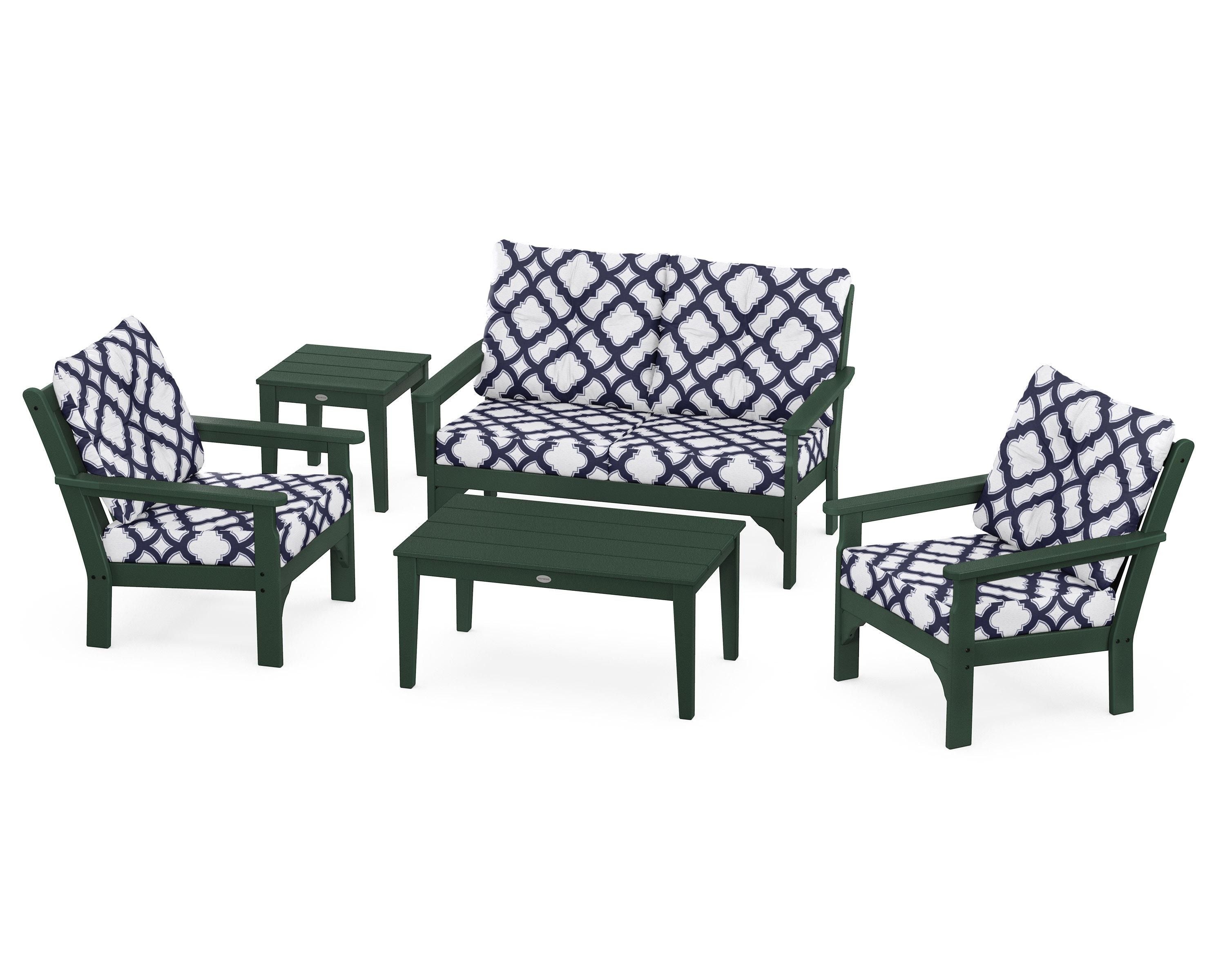 POLYWOOD® Vineyard 5-Piece Deep Seating Set in Green / Trellis Navy