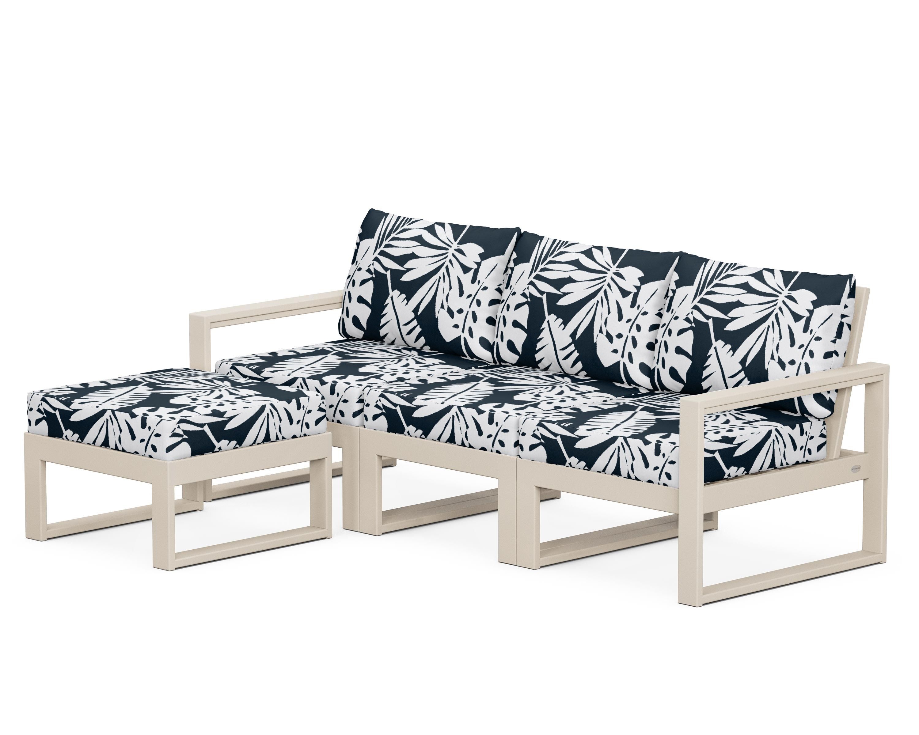 POLYWOOD® EDGE 4-Piece Modular Deep Seating Set with Ottoman in Sand / Leaf Marine Indigo