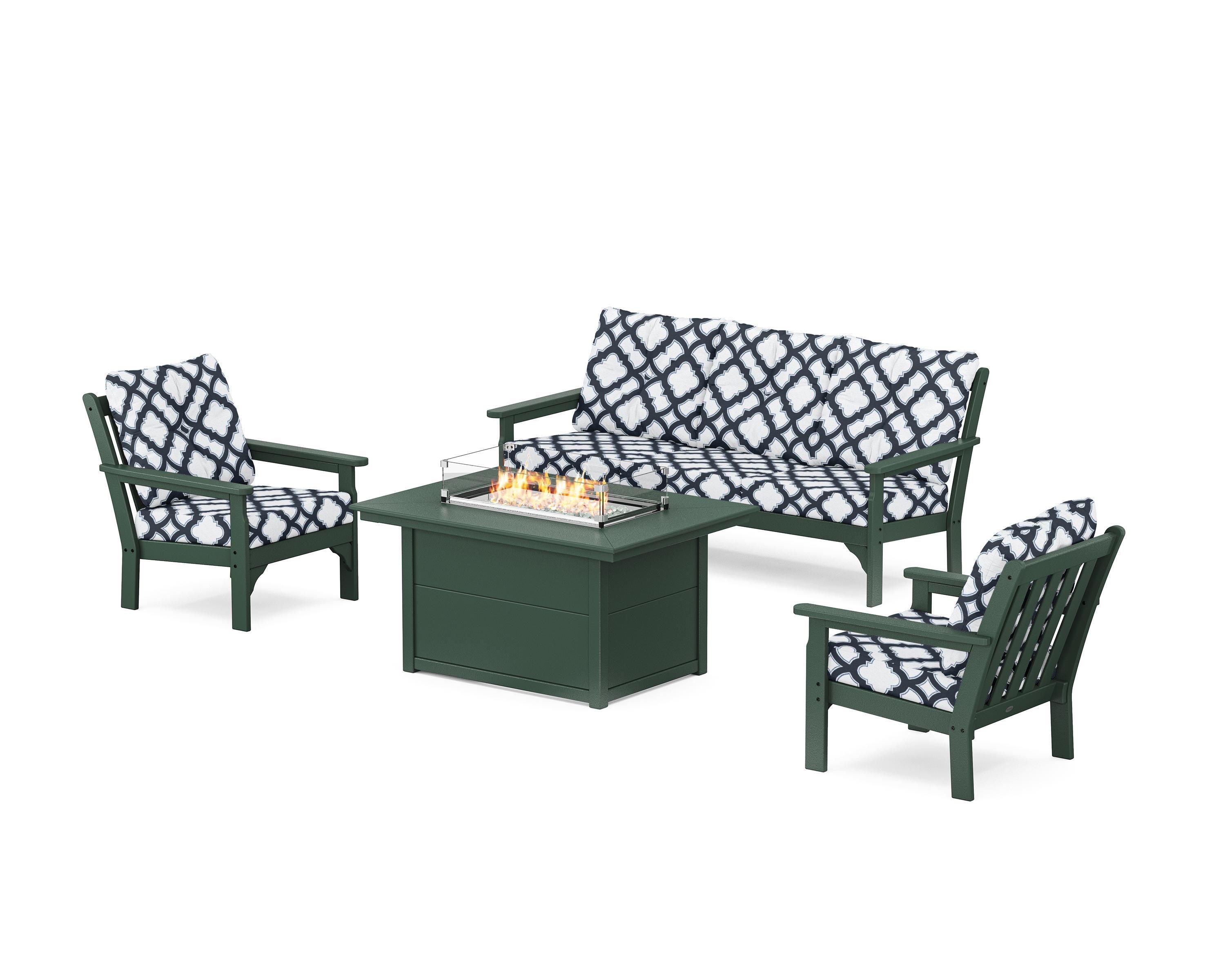 POLYWOOD® Vineyard Deep Seating Fire Pit Table Set in Green / Trellis Marine Indigo