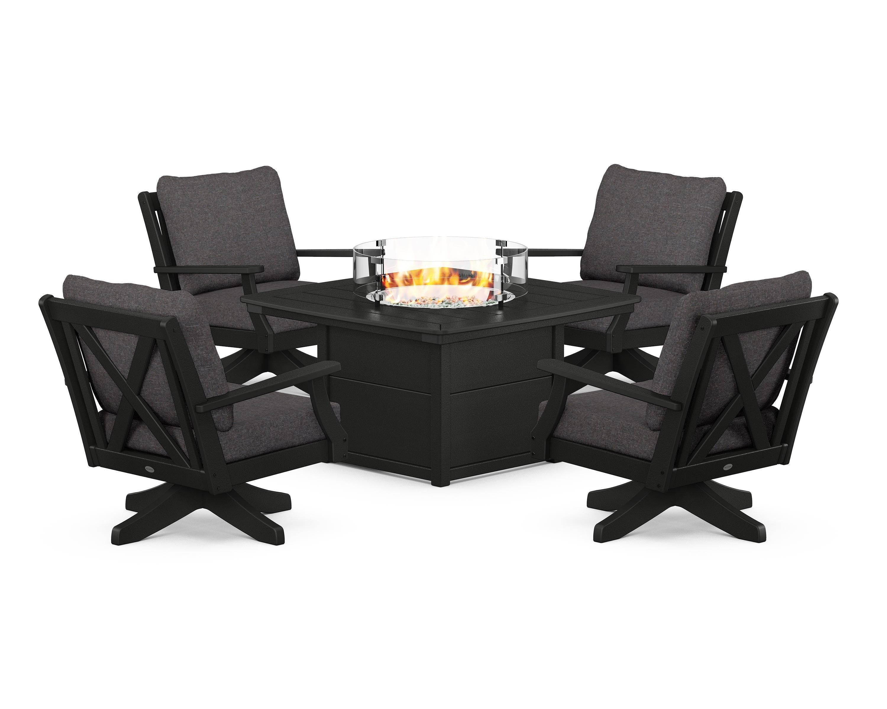 POLYWOOD® Braxton 5-Piece Deep Seating Swivel Conversation Set with Fire Pit Table in Black / Ash Charcoal
