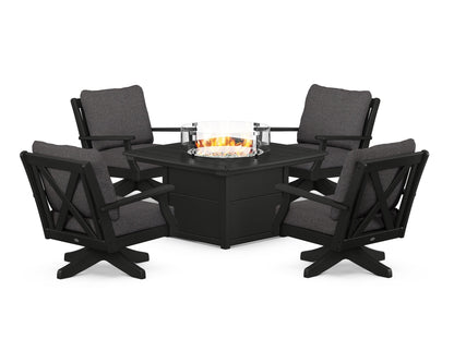 POLYWOOD® Braxton 5-Piece Deep Seating Swivel Conversation Set with Fire Pit Table in Black / Ash Charcoal