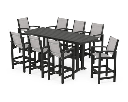 POLYWOOD® Coastal 9-Piece Bar Set with Trestle Legs in Black / Parchment Sling