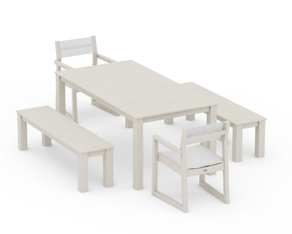 POLYWOOD® EDGE Sling Arm Chair 5-Piece Parsons Dining Set with Benches in Sand / White Sling