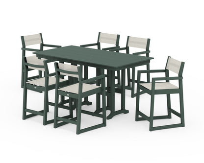 POLYWOOD® EDGE Sling Arm Chair 7-Piece Farmhouse Counter Set in Green / Parchment Sling