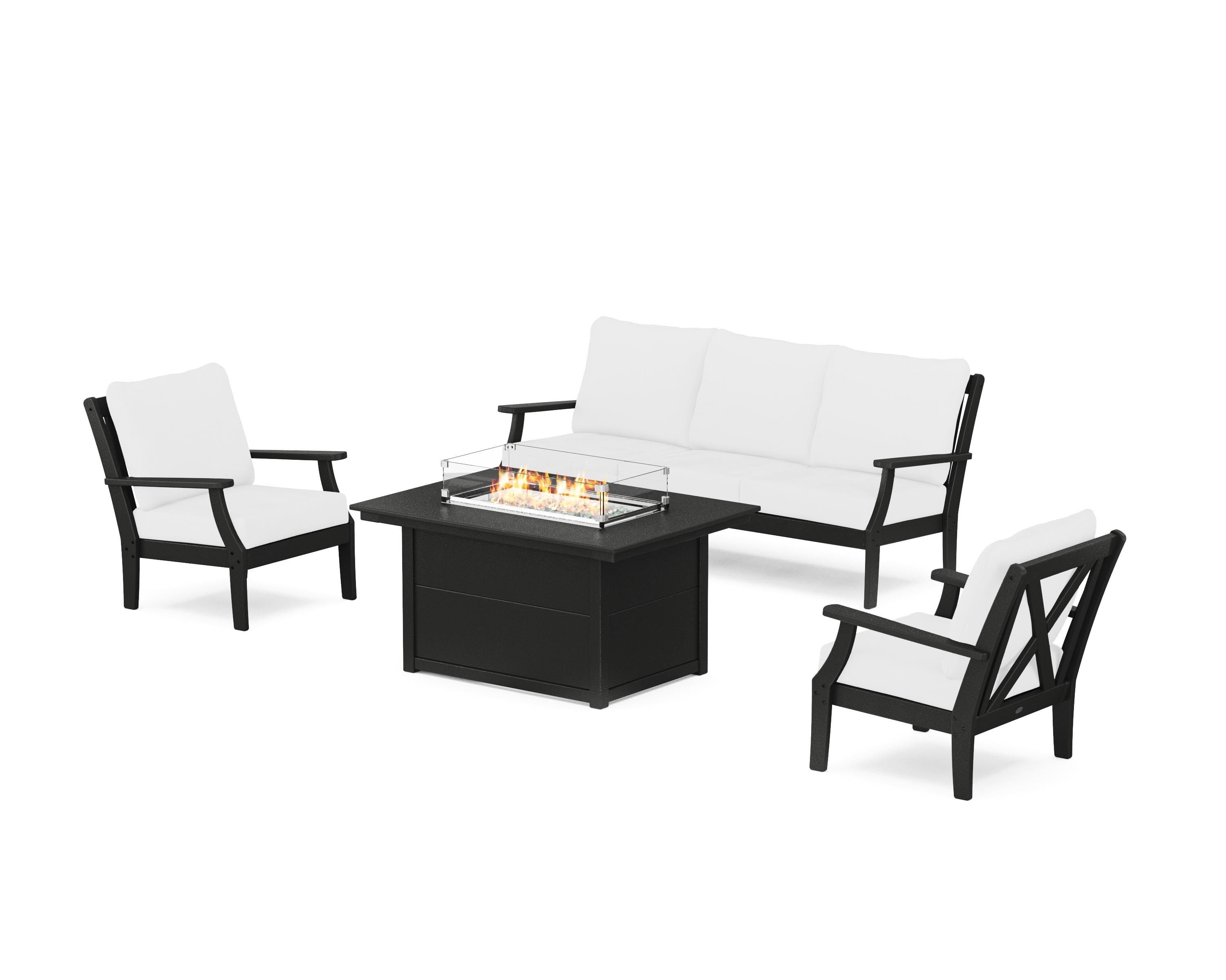 POLYWOOD® Braxton Deep Seating Fire Pit Table Set in Black / Natural
