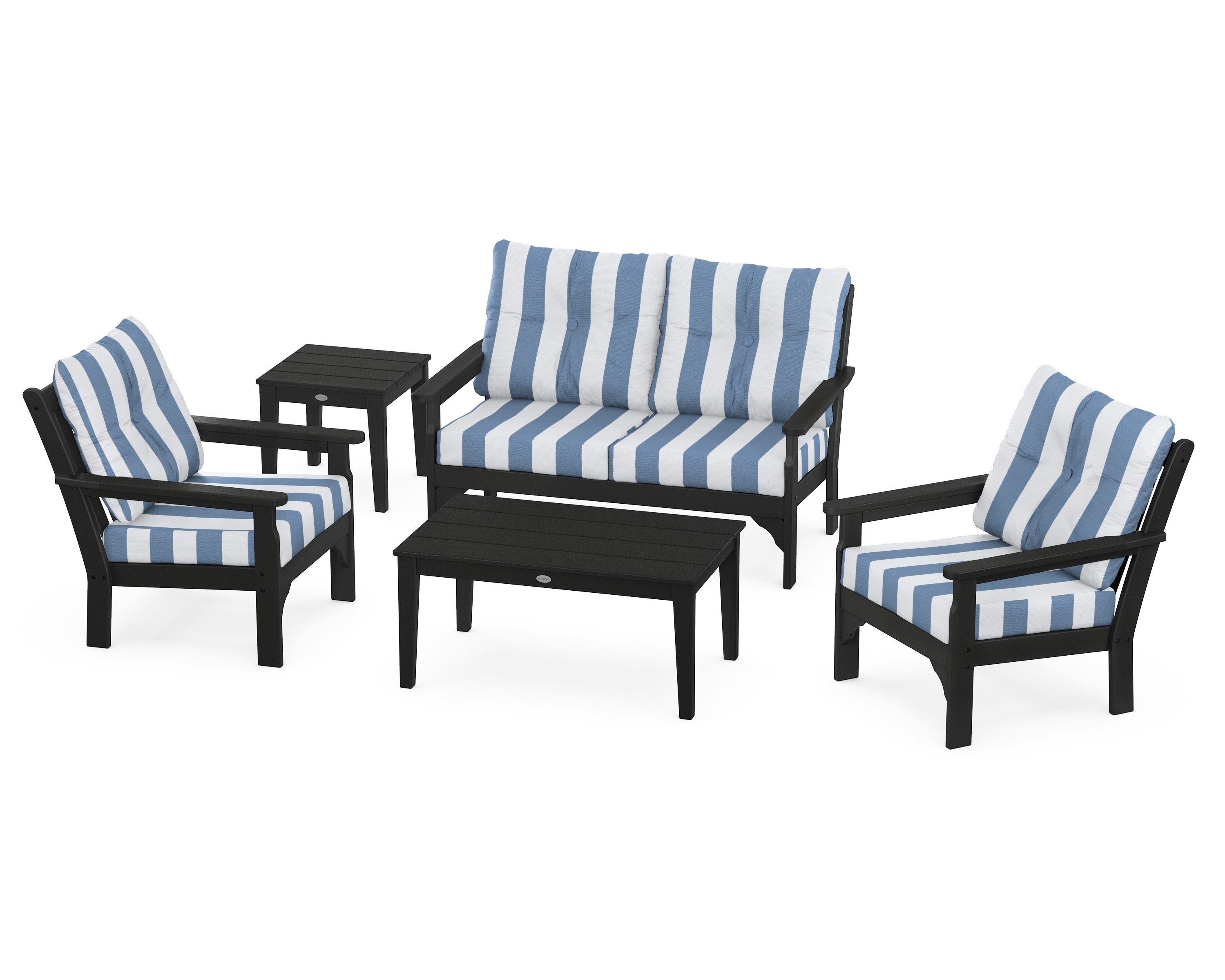 POLYWOOD® Vineyard 5-Piece Deep Seating Set in Black / Cabana Stripe Sky Blue