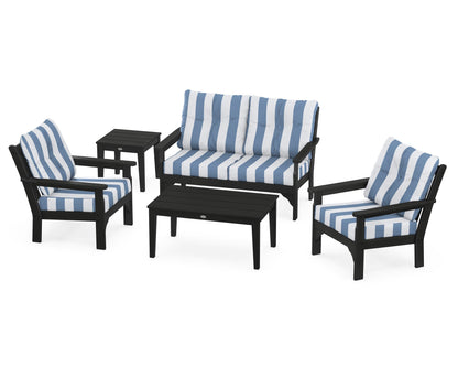 POLYWOOD® Vineyard 5-Piece Deep Seating Set in Black / Cabana Stripe Sky Blue