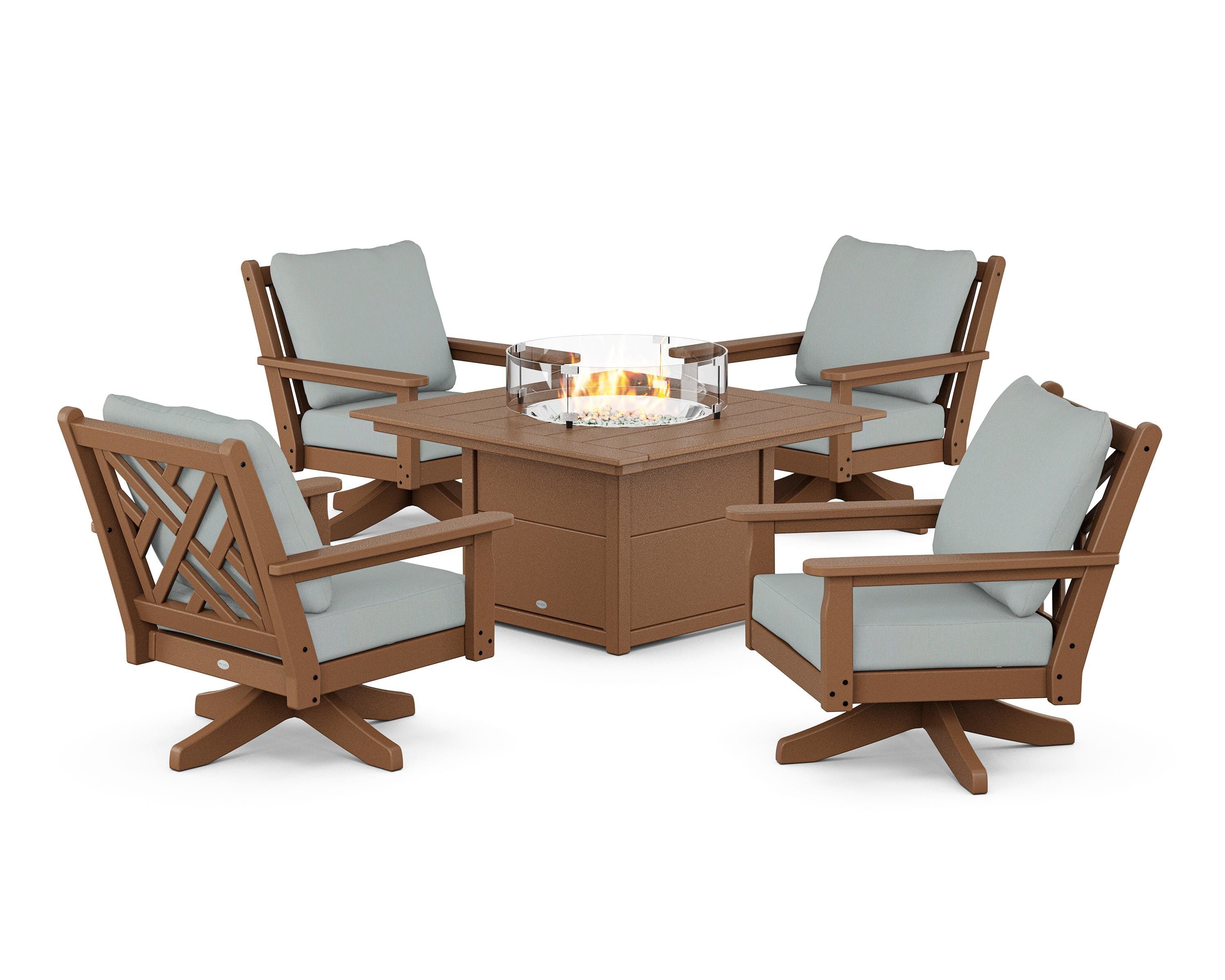 POLYWOOD® Chippendale 5-Piece Deep Seating Swivel Conversation Set with Fire Pit Table in Teak / Spa