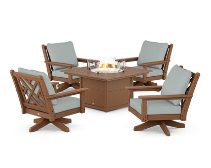 POLYWOOD® Chippendale 5-Piece Deep Seating Swivel Conversation Set with Fire Pit Table in Teak / Spa