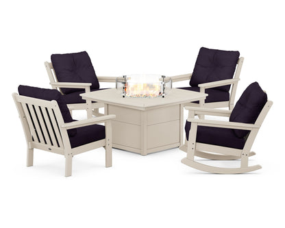 POLYWOOD® Vineyard 5-Piece Deep Seating Rocking Chair Conversation Set with Fire Pit Table in Sand / Navy Linen