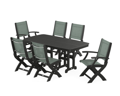 POLYWOOD® Coastal Folding Chair 7-Piece Dining Set in Black / Dupioni Sea Mist Sling