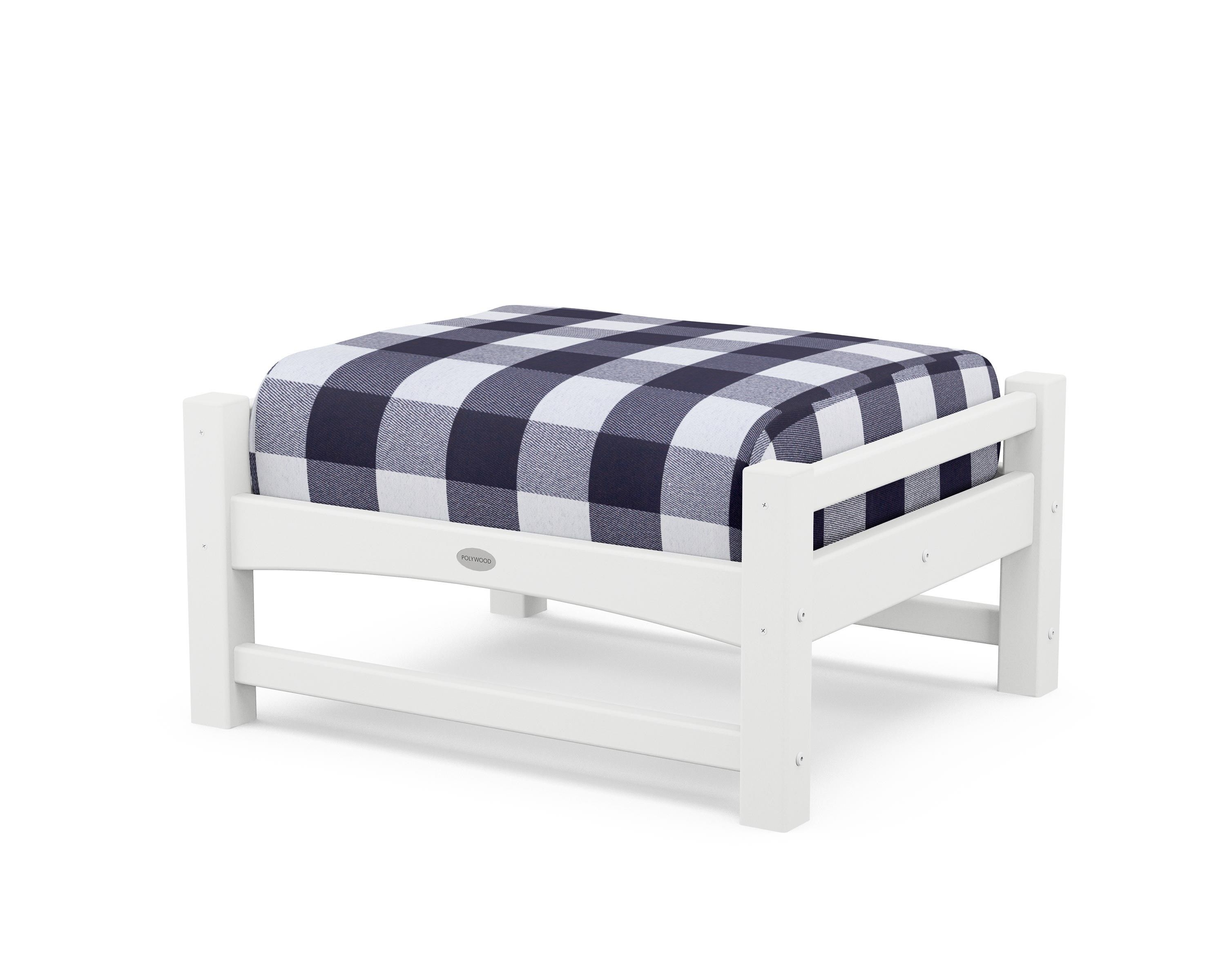 POLYWOOD® Club Ottoman in White / Buffalo Plaid Navy