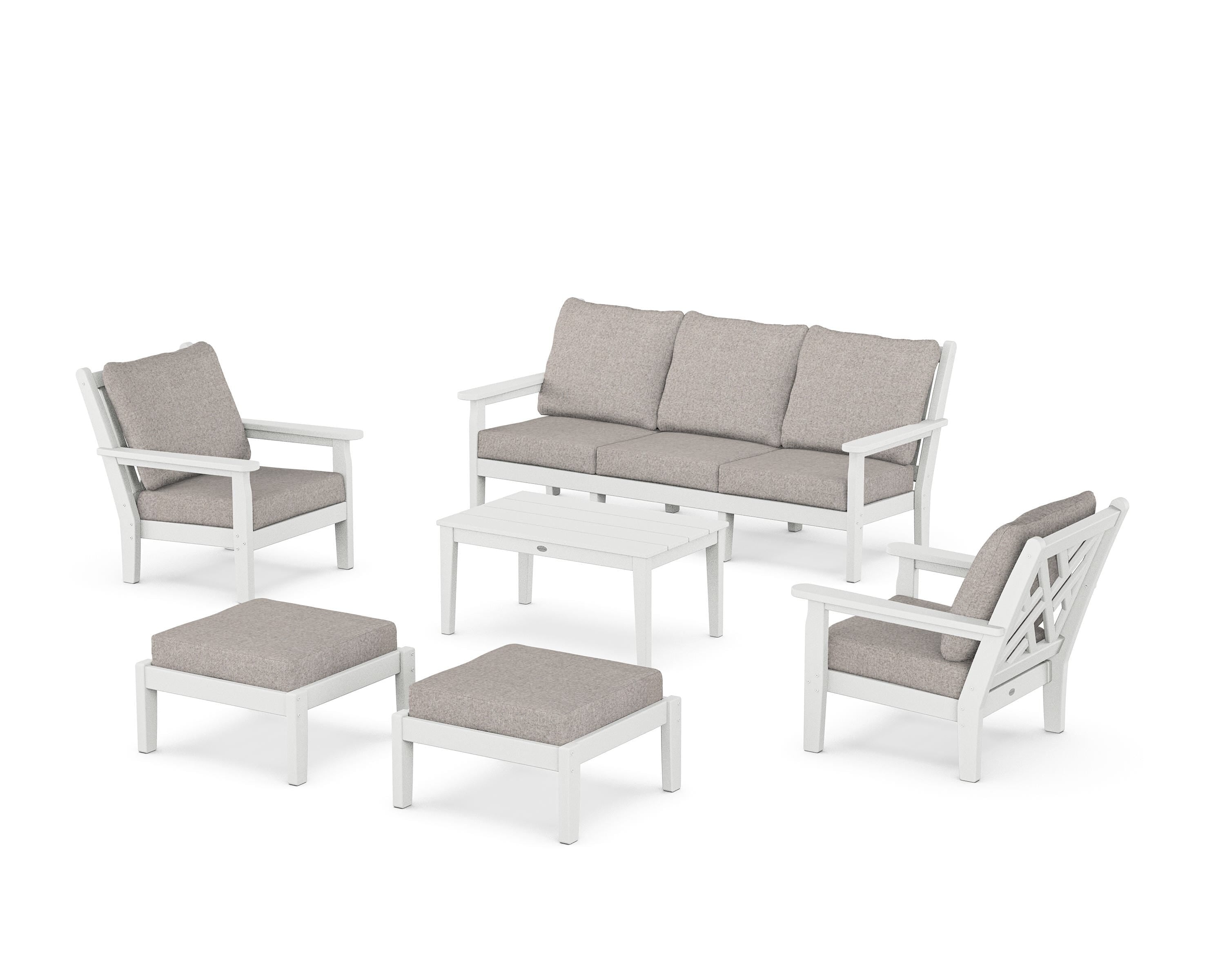 POLYWOOD® Chippendale 6-Piece Lounge Sofa Set in White / Weathered Tweed