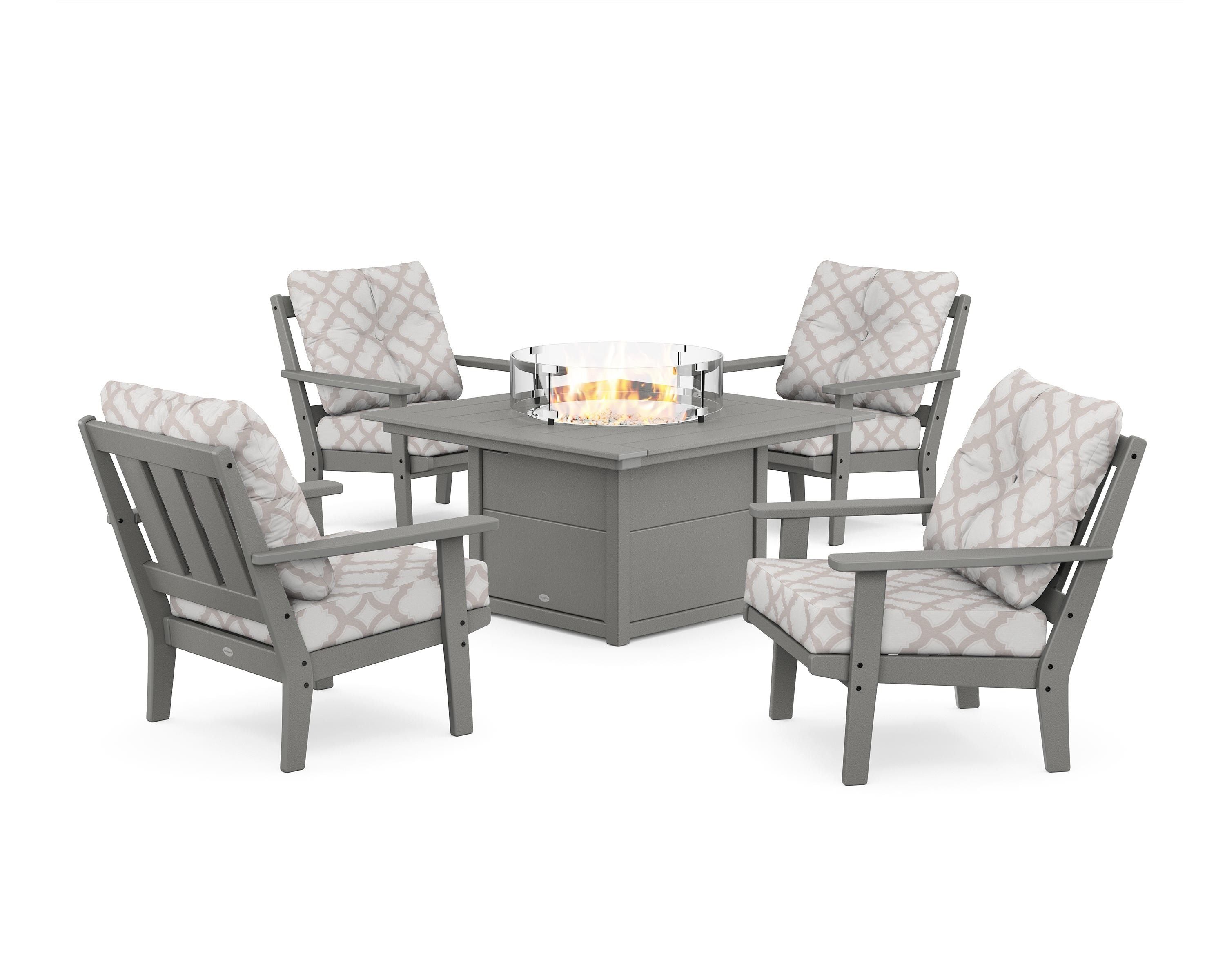 POLYWOOD® Oxford 5-Piece Deep Seating Set with Fire Pit Table in Slate Grey / Trellis Dune Burlap