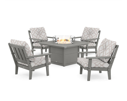 POLYWOOD® Oxford 5-Piece Deep Seating Set with Fire Pit Table in Slate Grey / Trellis Dune Burlap