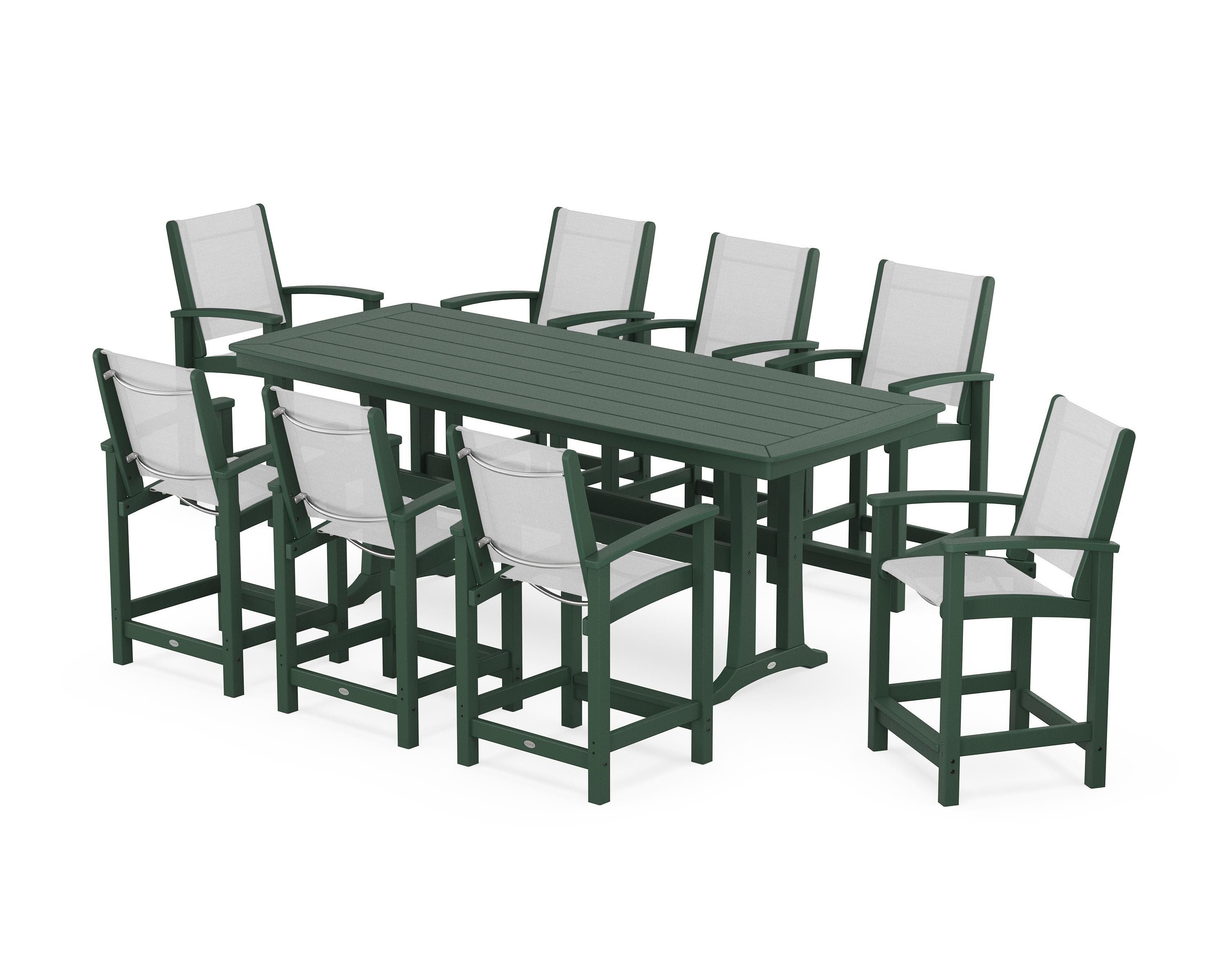 POLYWOOD® Coastal 9-Piece Counter Set with Trestle Legs in Green / White Sling