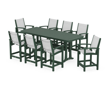 POLYWOOD® Coastal 9-Piece Counter Set with Trestle Legs in Green / White Sling