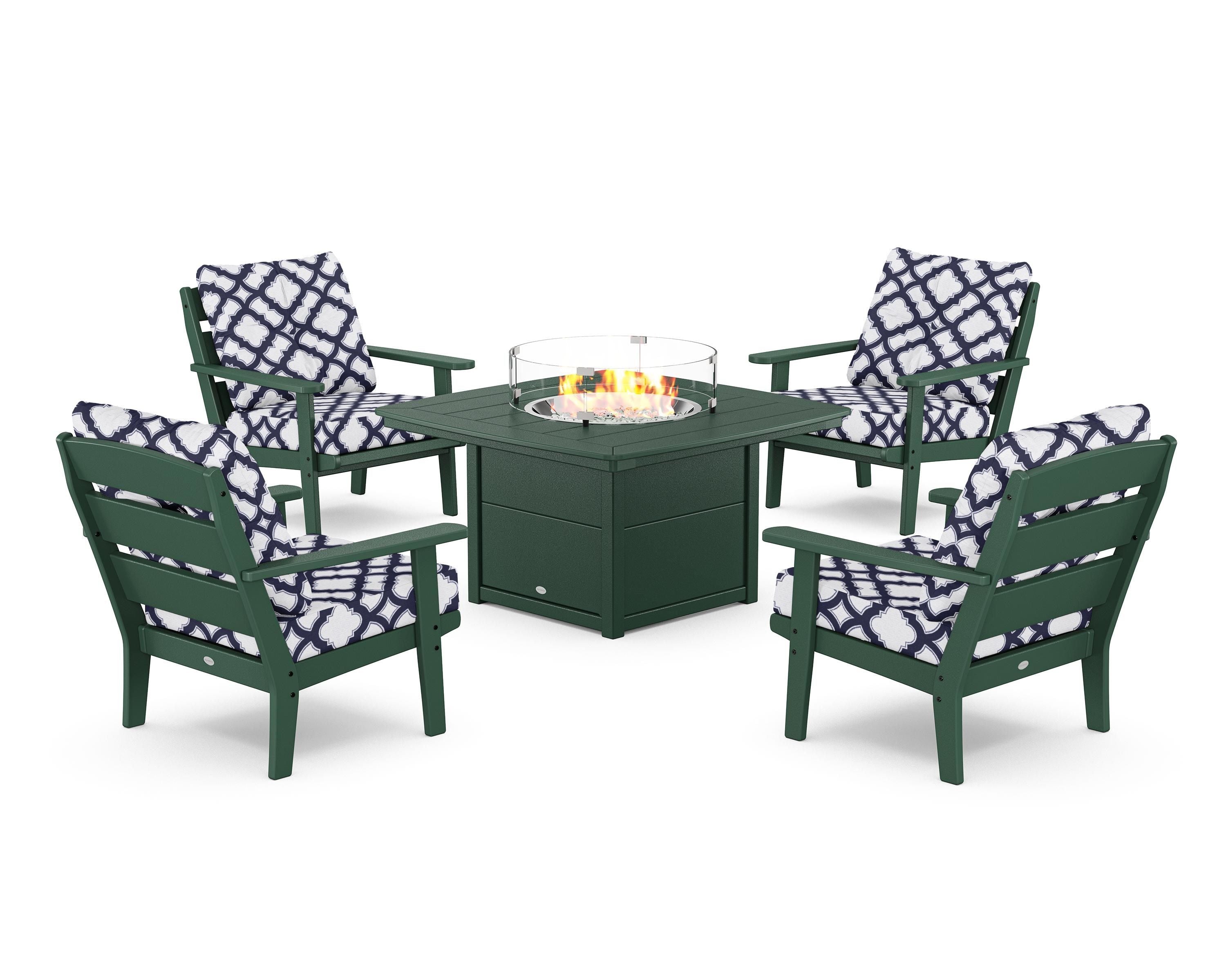 POLYWOOD® Lakeside 5-Piece Deep Seating Set with Nautical Fire Pit Table in Green / Trellis Navy