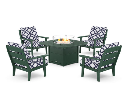 POLYWOOD® Lakeside 5-Piece Deep Seating Set with Nautical Fire Pit Table in Green / Trellis Navy