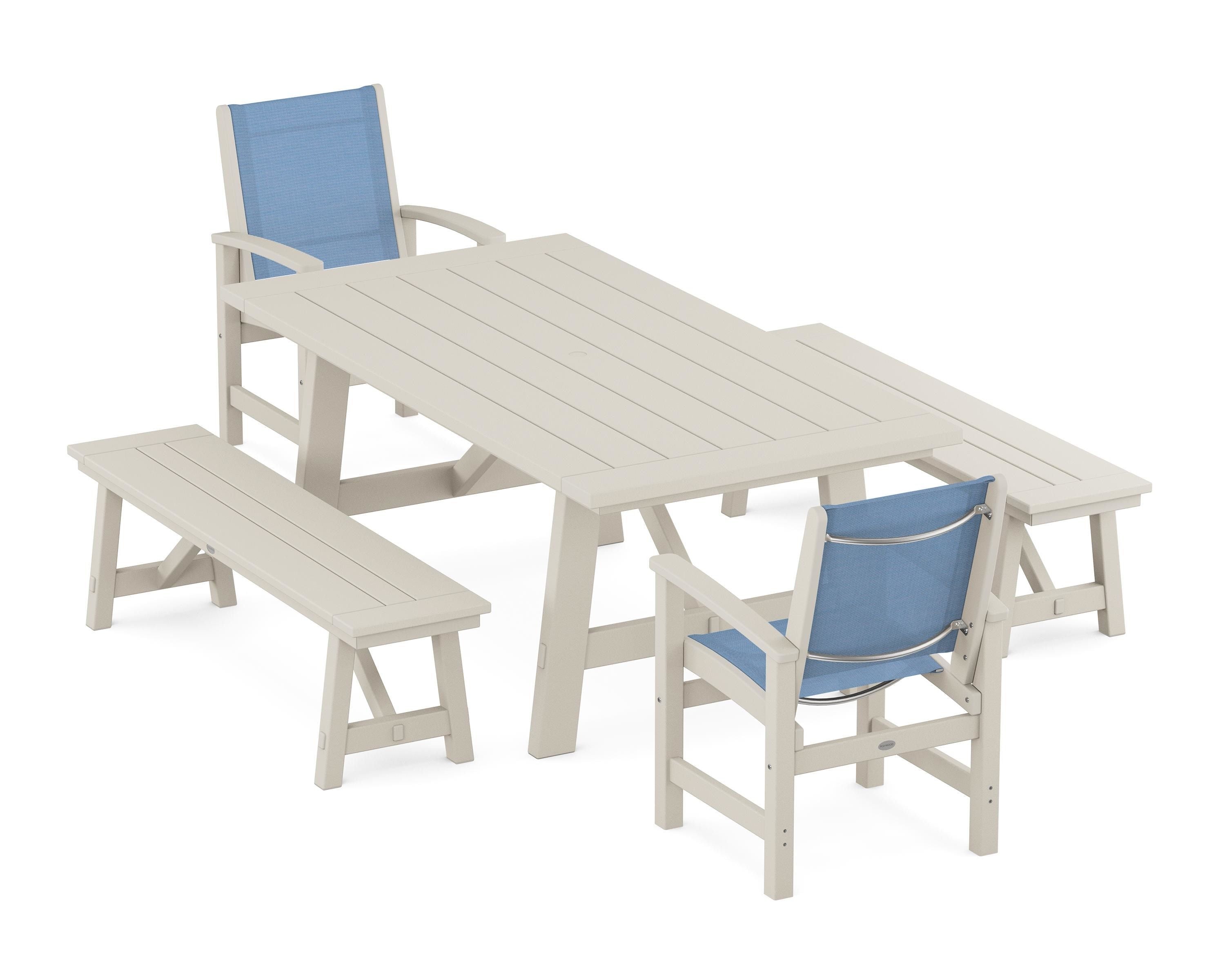 POLYWOOD® Coastal 5-Piece Rustic Farmhouse Dining Set With Benches in Sand / Poolside Sling