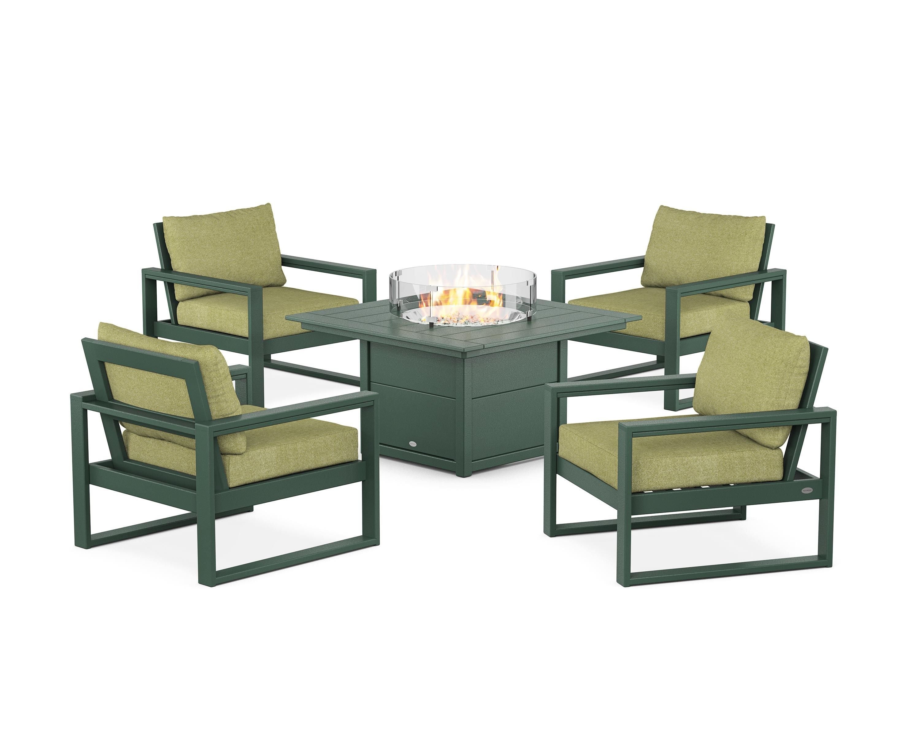 POLYWOOD® EDGE Sectional 5-Piece Deep Seating Set with Fire Pit Table in Green / Chartreuse Boucle