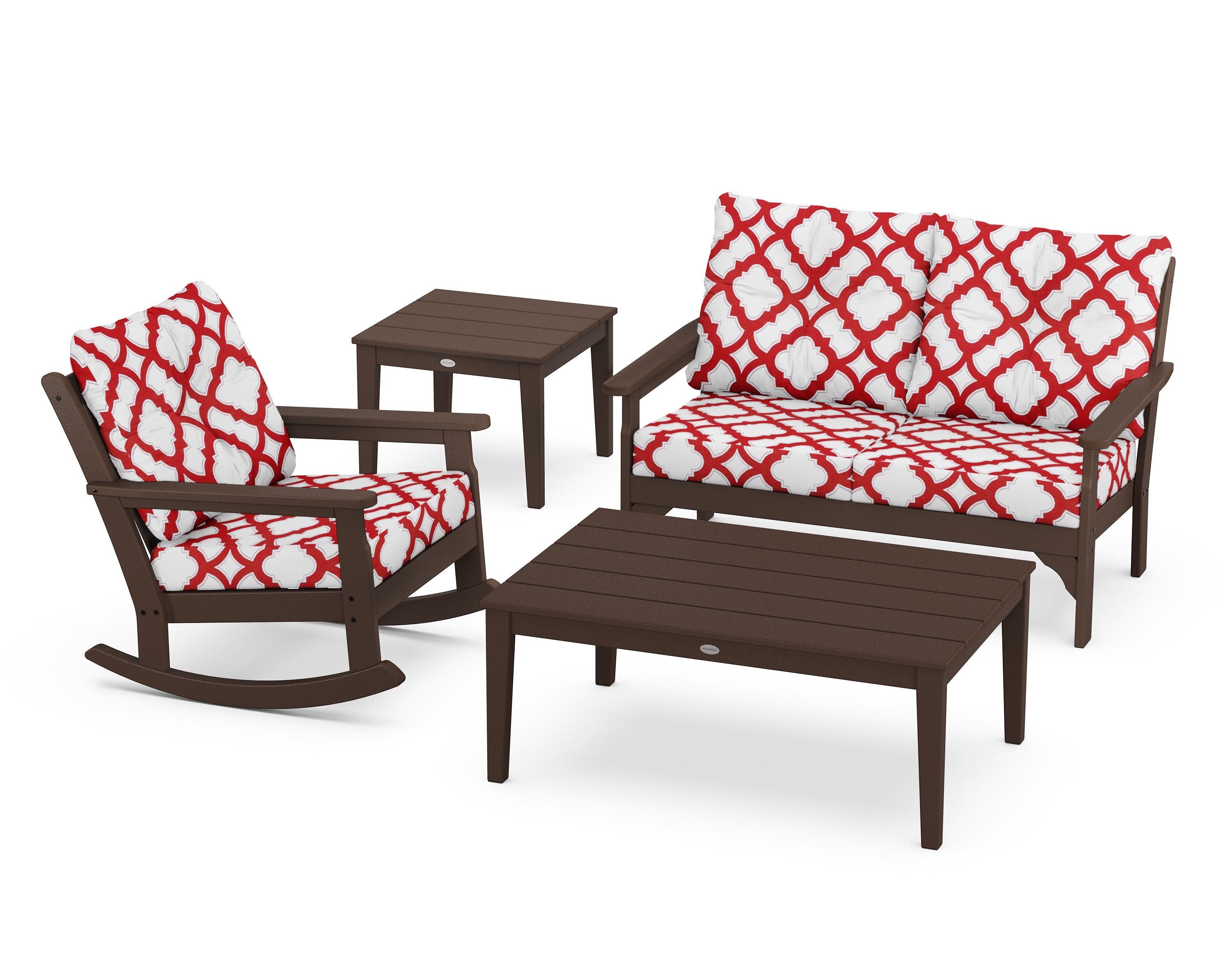 POLYWOOD® Vineyard 4-Piece Deep Seating Rocker Set in Mahogany / Trellis Crimson