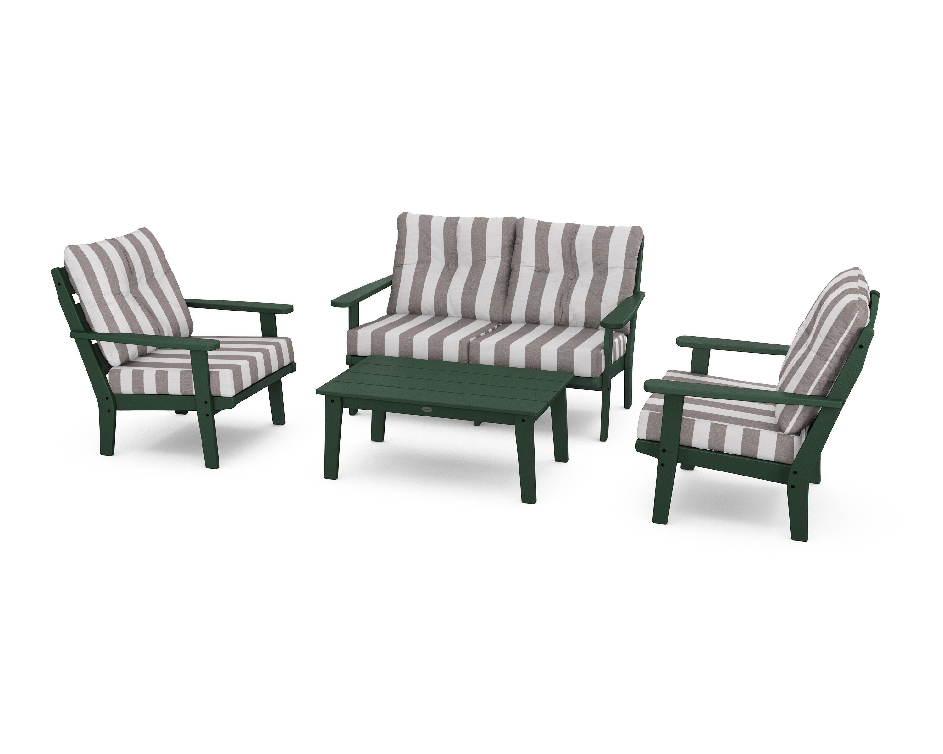 POLYWOOD® Lakeside 4-Piece Deep Seating Set in Green / Cabana Stripe Grey Mist
