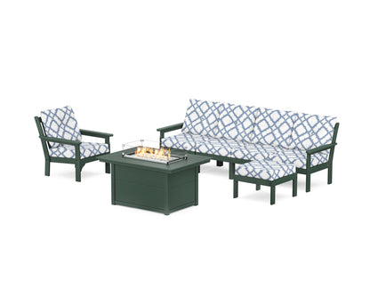 POLYWOOD® Vineyard Sectional Lounge and Fire Pit Set in Green / Trellis Sky Blue
