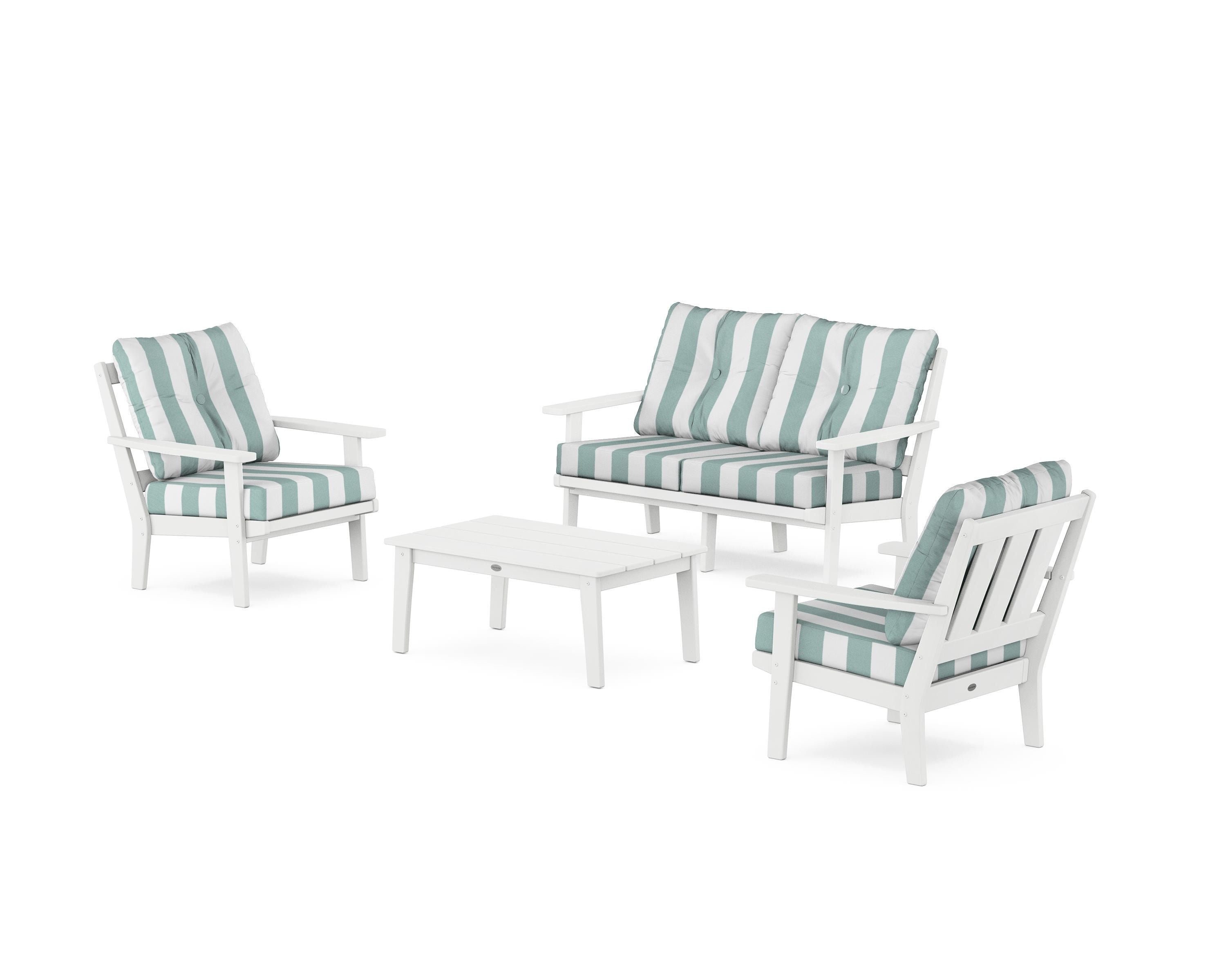 POLYWOOD® Oxford 4-Piece Deep Seating Set with Loveseat in White / Cabana Stripe Glacier Spa