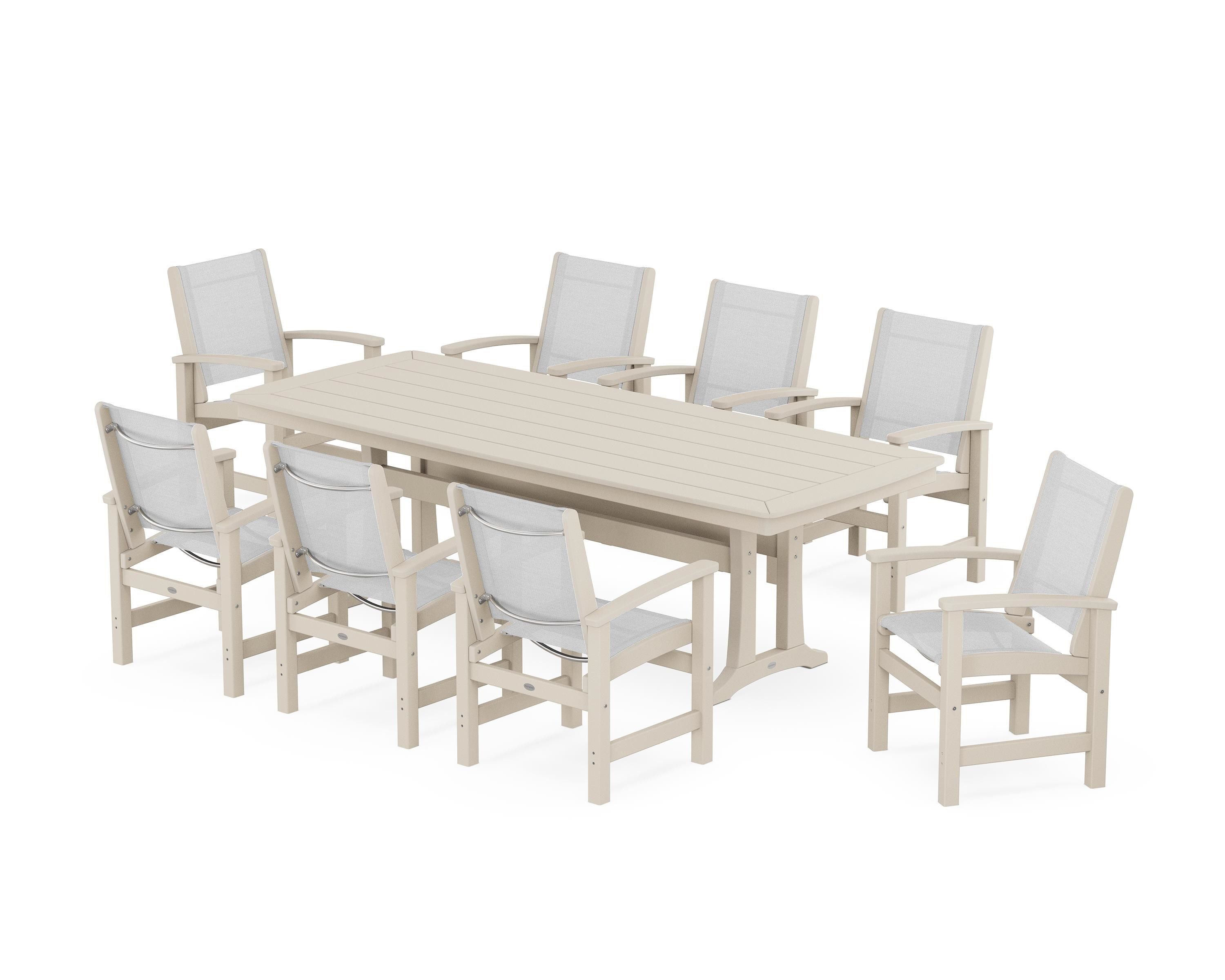 POLYWOOD® Coastal 9-Piece Dining Set with Trestle Legs in Sand / White Sling