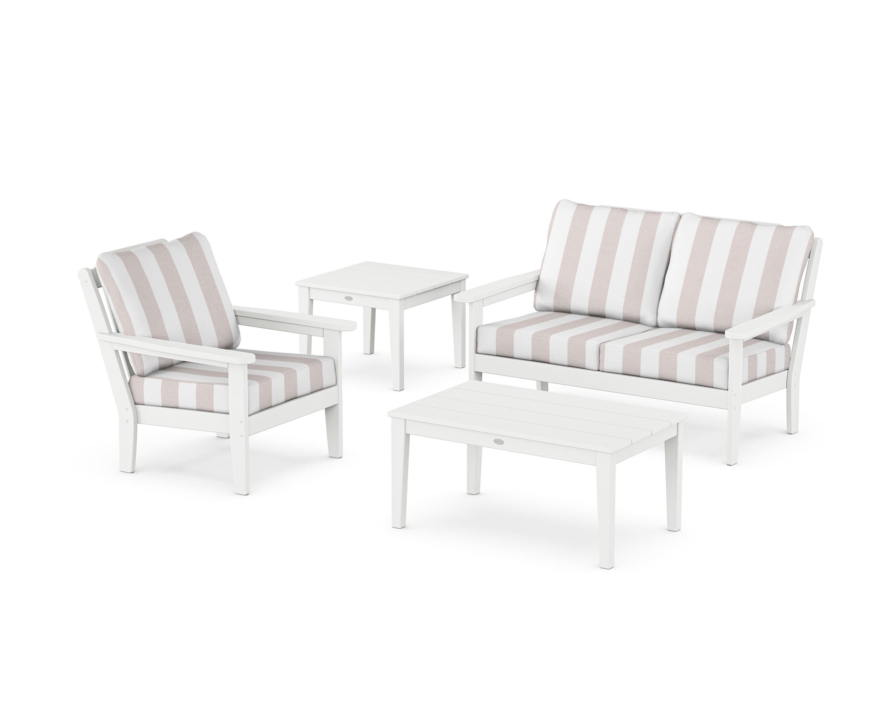 Country Living Wovendale 4-Piece Deep Seating Set in White / Cabana Stripe Dune Burlap