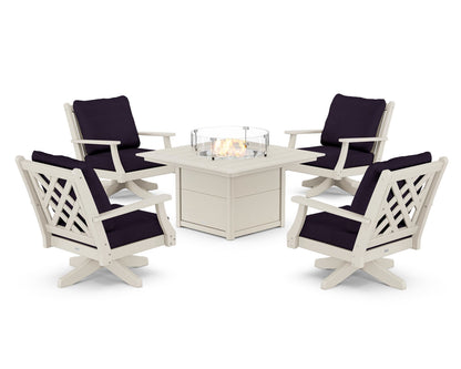 Country Living Wovendale 5-Piece Deep Seating Swivel Conversation Set with Fire Pit Table in Sand / Navy Linen