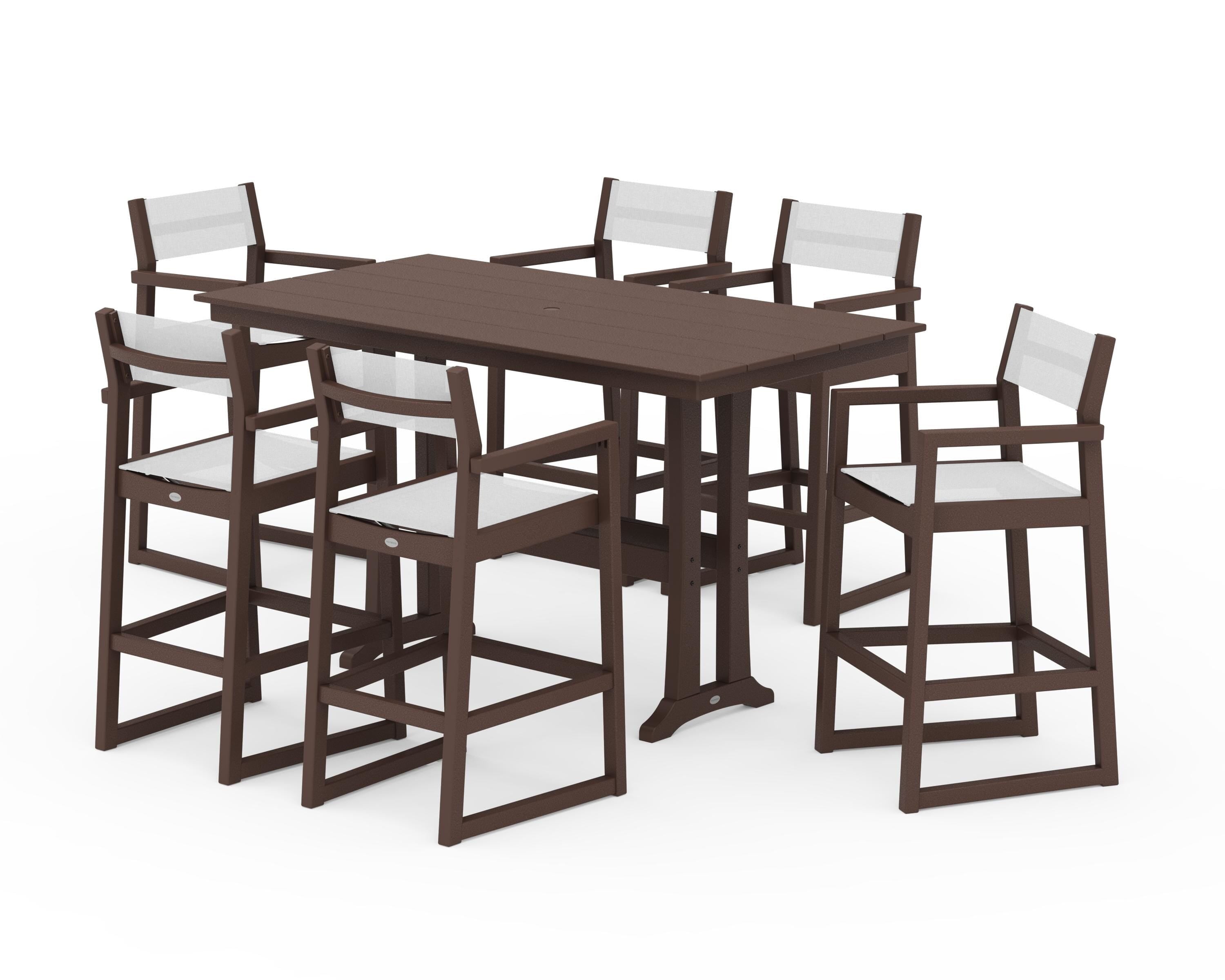 POLYWOOD® EDGE Sling Arm Chair 7-Piece Farmhouse Bar Set with Trestle Legs in Mahogany / White Sling