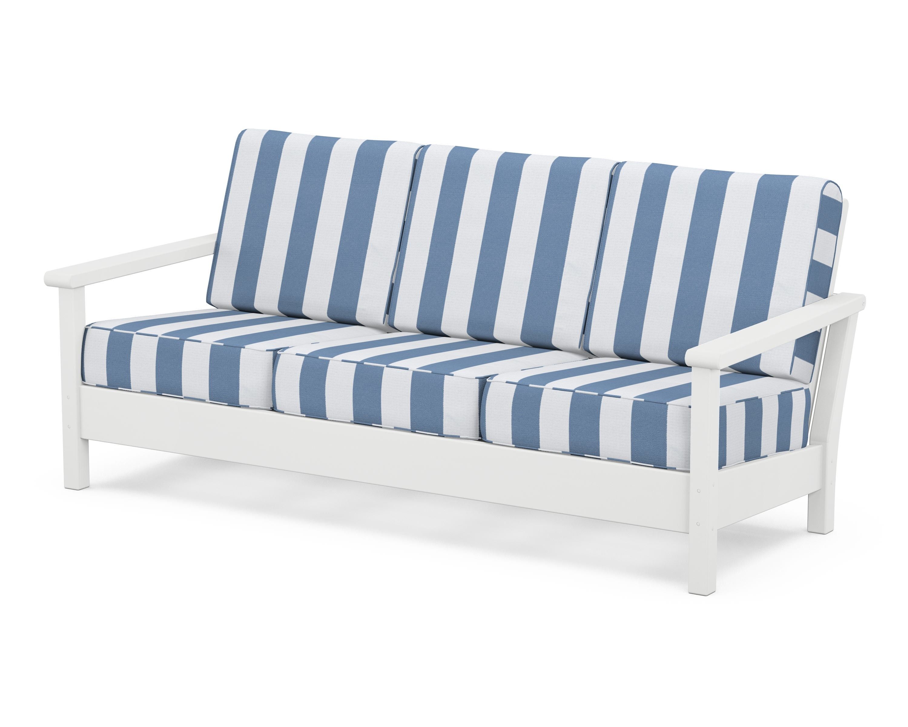 POLYWOOD® Harbour Deep Seating Sofa in White / Cabana Stripe Sky Blue