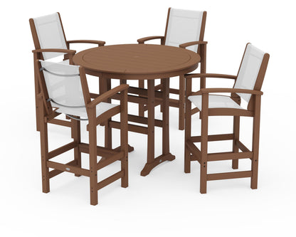 POLYWOOD® Coastal 5-Piece Nautical Trestle Bar Set in Teak / White Sling