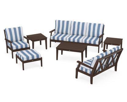 POLYWOOD® Braxton 7-Piece Deep Seating Set in Mahogany / Cabana Stripe Sky Blue