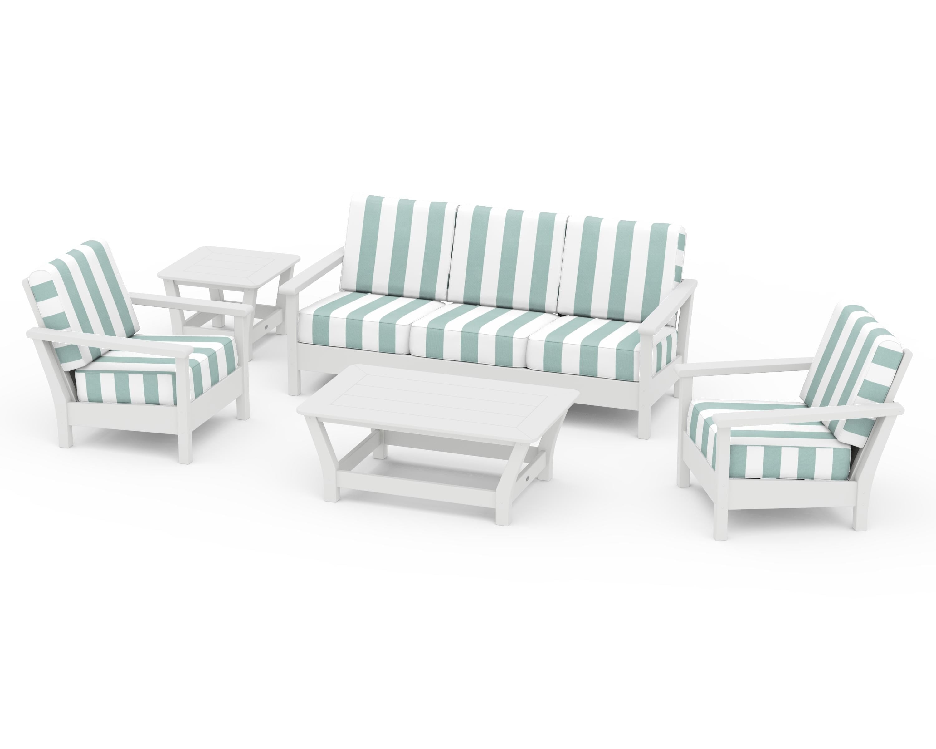 POLYWOOD® Harbour 5-Piece Deep Seating Set in White / Cabana Stripe Glacier Spa