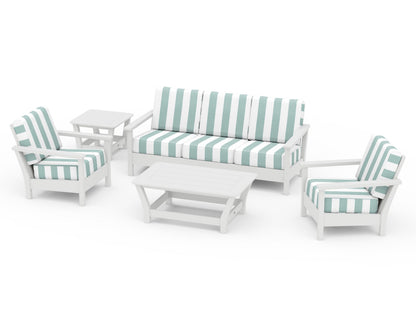 POLYWOOD® Harbour 5-Piece Deep Seating Set in White / Cabana Stripe Glacier Spa