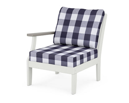POLYWOOD® Braxton Modular Left Arm Chair in White / Driftwood / Buffalo Plaid Navy