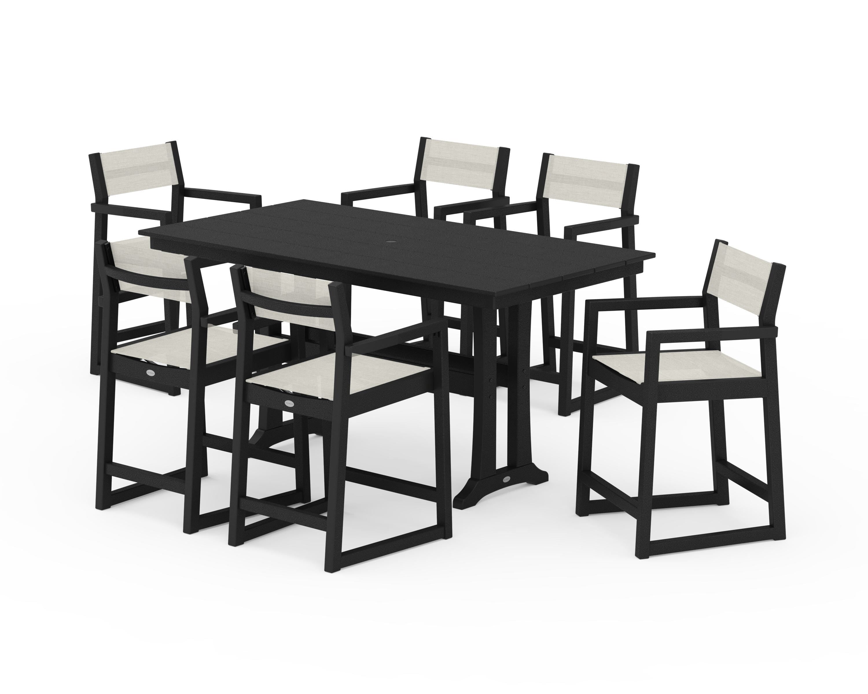 POLYWOOD® EDGE Sling Arm Chair 7-Piece Farmhouse Counter Set with Trestle Legs in Black / Parchment Sling