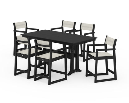 POLYWOOD® EDGE Sling Arm Chair 7-Piece Farmhouse Counter Set with Trestle Legs in Black / Parchment Sling